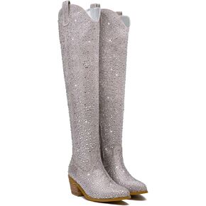 GOSERCE Women's Rhinestone Knee High Cowboy Boots Over the Knee Cowgirl Tall boots Pointed Toe Low Chunky Stacked Heel 5cm Pull On Tabs with Side Zipper Wide Sparkle Glitter Fashion Boots Party Retro Classic