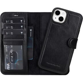Full-Grain Leather Wallet Case for iPhone 15 Plus with 3+1 Card Holders, Compatible with MagSafe, RFID, Kick-Stand, Strong Magnet, Suede Inner Lining, Raised Edges (Yellow)