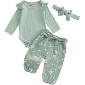 Kaipiclos Infant Baby Girl Clothes 0 3 6 12 18 24 Months Rib Knit Romper Daisy Print Pants Headband Baby Clothes for Girls