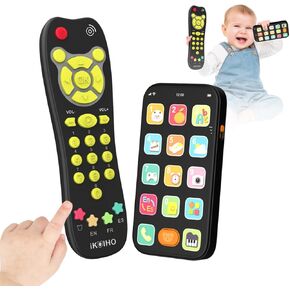 Toy Phone Baby Remote Control Toy Set, Play Phones TV Remote Control with Music Light for 6+ Months, Early Learning Baby Toys Gift for 1 Year Old Boys Girls Kid Toddler Infant, English/Spanish, Orange