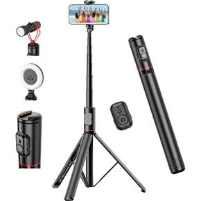 Extendable Cell Phone Tripod Stand - 72" Portable Selfie Stick All in One Phone Tripod with Wireless Remote and Cold Shoe Mount Compatible with iPhone and Android for Selfie Video Recording