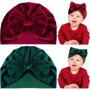 Velvet Baby Turban Hats, 2pcs Newborn Beanie Caps with Big Bows Fall Headwraps for Infant Halloween Chirstmas
