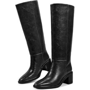wetkiss Womens Knee High Boots Tall Riding Boots with Block Chunky Heel Almond Round Toe and Low Platform Wide Calf Pull on Winter Fall Fashion Long Boots