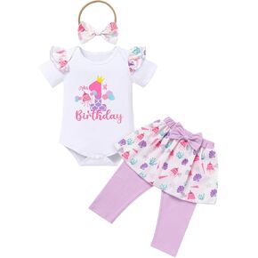 IBTOM CASTLE Baby Girls 1st Birthday Outfits Strawberry/Rainbow/Mermaid/Cow Romper Skirted Leggings with Headband 3pcs Set