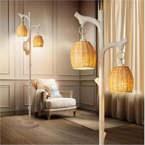 68" Vintage Dimmable Floor Lamp, Standing Lamp with Classical Lanterns, Rustic Farmhouse Tree Trunk Floor Lamp with Wood Finish, Industrial Floor Lamp for Living Room Bedroom Office