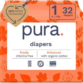 Pura Hypoallergenic Diapers, Size 1 (4-11lbs), Newborn, Totally Chlorine Free, Wetness Indicator, Suitable for Sensitive Skin, Soft Organic Cotton Comfort, Overnight, 3 Packs of 32 (96 Baby Diapers)