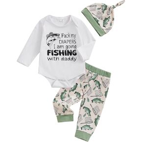 Lamuusaa Newborn Baby Boy Outfits Long Sleeve Fishing with Daddy Romper Bodysuit Fish Patterns Long Pants Hat Fall Outfit