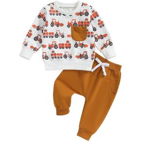 Kaipiclos Toddler Baby Boy Fall Outfit Crew Neck Long Sleeve Tractor Pocket Pullover Sweatshirt Solid Pants Cute Clothes Set