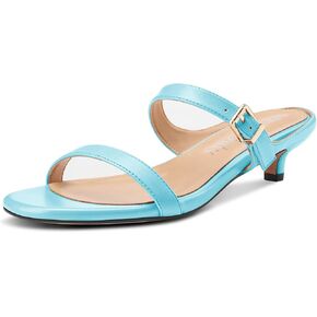 NobleOnly Two Strap Heeled Sandals for Women Kitten Heels Women Slip on Rounded Open Toe Sandals Dress Mules Sandals 1.4 Inches Heels