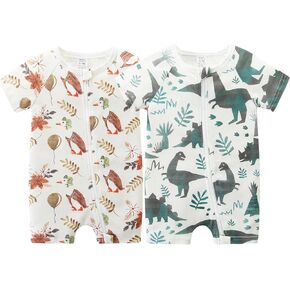 Unisex Summer Trendy 2-Pack Rompers Short Sleeve Zipped Bodysuit Infant Cotton Outfits