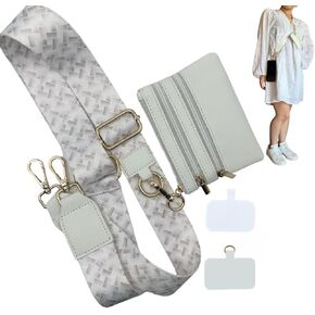 Phone Lanyard Crossbody with Zipper Leather Wallet Pouch with 2 pads phone holder .(Phone Lanyard Crossbody, White Light Purple Chevron Strap, Medium)