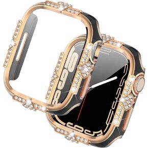 40mm Compatible with Apple Watch Case SE/Series 7/6/5/4 Rhinestones with Built-in Glass Screen Protector 40/44/41/45mm Bumper Diamond iWatch Protective Cover for Women Girl (Pink/Rose Gold)