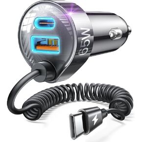 LISEN 65W شاحن سيارة USB C شحن سريع مع 5 أقدام 30 وات USB C ملفوف شاحن ولاعة السجائر شاحن USB PD3.0 & QC3.0 USBC شاحن هاتف السيارة لهاتف IPhone 15 Pro Max Plus Samsung Galaxy S24 iPad Air Pro