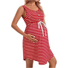 MakeMeChic Women's Striped Sleeveless Maternity Dress Crew Neck Button Drawstring Waist Pregnancy Dress