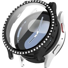 Miimall Sparkle Case for Samsung Galaxy Watch 7 Cover Case, No Fog PC & Tempered Glass Screen Protective Face Cover- Stylish Bling Crystal Full Protection Case for Galaxy Watch 7 40mm Women (Silver)