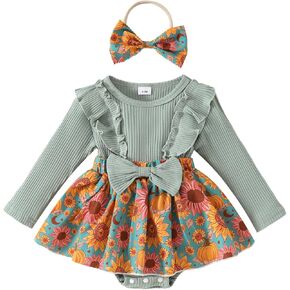 Winioder Newborn Baby Girl Fall Clothes Flower Print Ruffle Long Sleeve Romper Dress with Headband 2Pcs Infant Boho Outfit