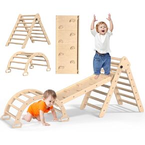 XJD 7 in 1 Pikler Triangle Set, Foldable Climbing Toys for Toddlers, Toddler Indoor Playground for 3-6 Years, with Ramp Sliding or Climbing, Rocker, Wooden Climbing Set (5-1-Colorful) in Kuwait
