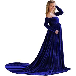 Sunnderly Off Shoulder Long Sleeves Maternity Dress for Photoshoot Velvet Robe Maternity Gown Baby Shower Dress