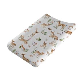 Spring Woodland Animal Changing Pad Cover Deer Mushroom Flowers Leaves Forest Baby Nursery Diaper Changing Pad Sheets for Boy Girl Soft Breathable Stretch Fitted Changing Table Sheets Mats 32''x16''
