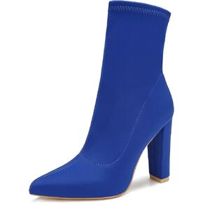 Women's High Heeled Booties Pointed Toe Mid Calf Ankle Boots Block Chunky Heels boot Stretch Fashion Sexy Wedding Short Bootie