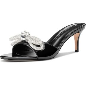 Castamere Round Open Toe Heeled Sandals for Women Rhinestone Double Bowknots Mid Kitten Heels Slip-on Dress Wedding Dating Heeled Mules 2.6 Inches Heels