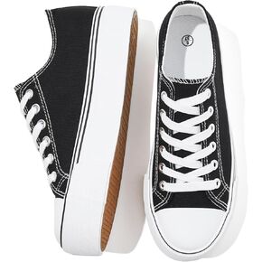 SERNIAL Womens White Platform Sneakers Low Top Platform Shoes Black Canvas Shoes for Women