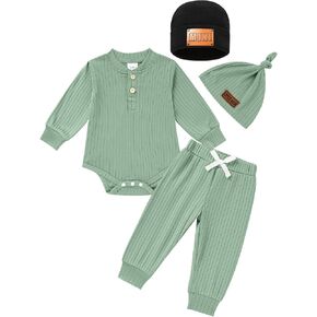 Newborn Baby Boy Girl Clothes Set Ribbed Outfits Solid Long Sleeve Tops Pants Romper Winter Fall Toddler 0-12 Months