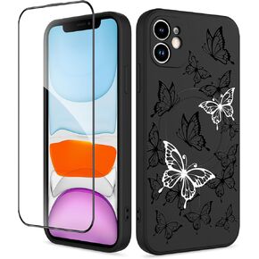 Gukalong Silicone Case for iPhone 16 [Compatible with MagSafe] Black Butterflies Design Phone Cover with Screen Protector Soft TPU Heavy Duty Shockproof Magnetic Case for Women - Black
