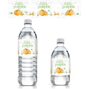 Orange Little Pumpkin Baby Shower Water Bottle Labels, Fall Pumpkin Gender Reveal, Waterproof Wrappers - 24 Count