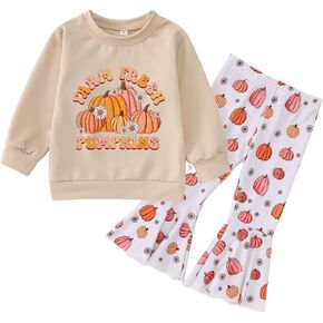 Halloween Bell Bottoms Outfit Toddler Baby Farm Fresh Pumpkin Sweatshirt Crewneck Long Sleeve Pullover + Flare Pants
