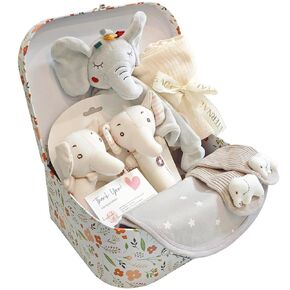 New Baby 7-in-1 Baby Gift Set with Cartoon Security Blanket,Cozy Blanket,Socks and Rattle Toy – Newborn Gift Basket Includes 6 Essentials New Born Baby Gift Box (Elephants)