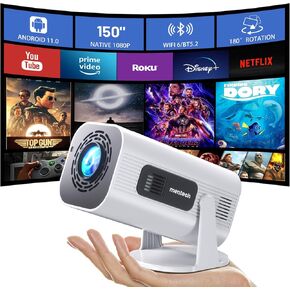 Mini Projector with WiFi and Bluetooth, 180°Adjustable Stand Smart Projector, 150" Portable Projector with Android TV 11.0, 2.4G/5G, Native 1080P, 300 ANSI Auto Keyston Outdoor/Home Movie, Iron Grey