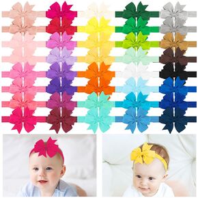 40pcs Baby Girls Grosgrain Ribbon Hair Hair Bows Headbands, 3" Elastic Hair Band Accessories for Infants Newborn Toddler Kids