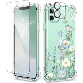 حافظة GVIEWIN لهاتف iPhone 11 مع واقي شاشة + واقي عدسة الكاميرا، [غير صفراء] غطاء واقٍ شفاف ناعم من مادة TPU مقاوم للصدمات للنساء والفتيات حافظة هاتف بنمط الزهور 6.1 بوصة (Floratopia/ملونة)