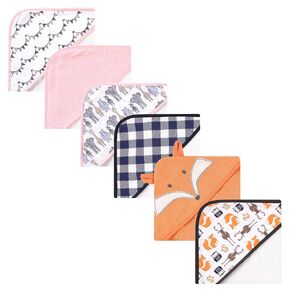 Hudson Baby Unisex Baby 6Pc Cotton Rich Hooded Towels Bundle Set, Blue Moose Orange Fox, One Size