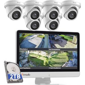 Security Camera System with Monitor, 8CH 8MP 4K NVR with 2TB HDD, 6X Bullet Wired 5MP PoE IP Camera with Mic IP67 for Home Outdoor, Night Vision, Smart AI Human Detection, PB37FM06-5M