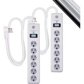 GE 6-Outlet Surge Protector، سلك تمديد 8 قدم، شريط طاقة، 800 جول، قابس مسطح، أغطية أمان ملتوية للإغلاق، ضوء مؤشر محمي، مدرج في قائمة UL، أبيض، 67044