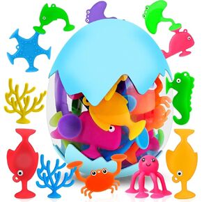 18PCS Suction Bath Toys for Toddler Kids, Mold Free Silicone Ocean Animals Suction Cup Bathtub Toys, No Hole Sensory Window Fidget Toys, Fun Creative Gift for Boys Girls with Eggshell