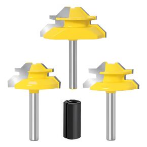 45 Degree Lock Miter Router Bit Set, 3PCS 1/4 Inch Shank Woodworking Tools Set with 1/4 Inch to 1/2 Inch Router Collet Converter for Cutting Height 29/32",5/8", 11/16"