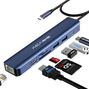 ACASIS USB C Hub Ethernet,7 in 1 USB C to 4k@60Hz HDMI Display Multiport Adapter,TF/SD Card Reader,Dual USB 3.0 Data Ports PD 100W Charging,USB C Splitter Long Cable for iPhone/Mac Book/Dell/Acer/HP