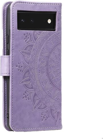 حافظة EYZUTAK لهاتف Google Pixel 6 Pro، حافظة محفظة جلدية فاخرة مع فتحات للبطاقات وحامل ومسند وحزام يد ماندالا بتصميم نصف زهرة حافظة مقاومة للصدمات منقوشة - أرجواني in Saudi Arabia
