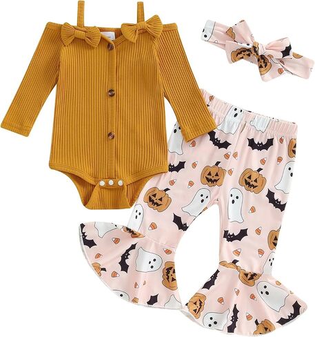 My First Halloween Baby Girl Outfit Infant Girl Long Sleeve Ribbed Romper Pumpkin Flared Pants Headband Clothes Set in Saudi Arabia