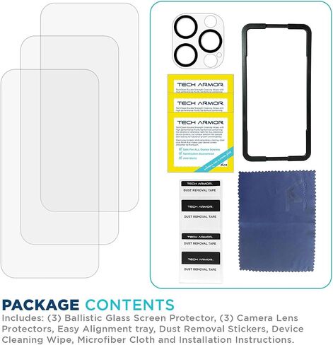 Tech Armor Screen Protector for iPhone 16 Pro Max - Ballistic Tempered Glass, Case Friendly, Sensor Protection, HD, 9H Hardness, 3 Pack + Bonus Camera Lens Protector in Kuwait