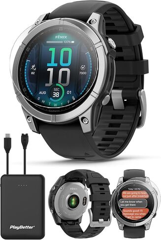 حزمة الساعة الذكية Garmin Fenix ​​E (رمادي داكن/أسود) متعددة الرياضات بنظام تحديد المواقع العالمي (GPS) - شاشة AMOLED، عمر بطارية طويل الأمد، تمارين القوة مع شاحن محمول PlayBetter وواقيات شاشة عالية الدقة in Kuwait