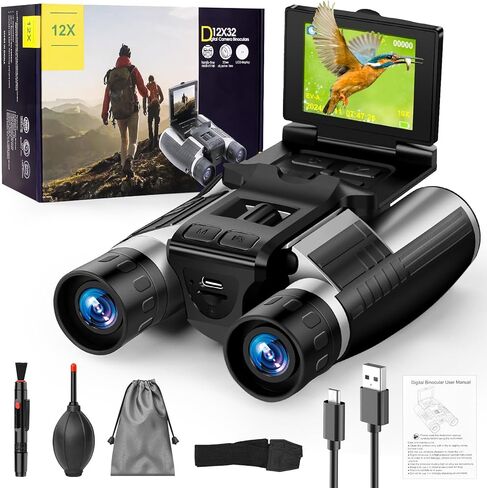 مناظير مع كاميرا، كاميرا مناظير رقمية LCD مقاس 2.4 بوصة للبالغين بدقة 48 ميجابكسل ومقاطع فيديو 2.5K مقاس 12 × 32 مثالية لمشاهدة الطيور والحفلات الموسيقية والمغامرات الخارجية 32 جيجابايت in Kuwait