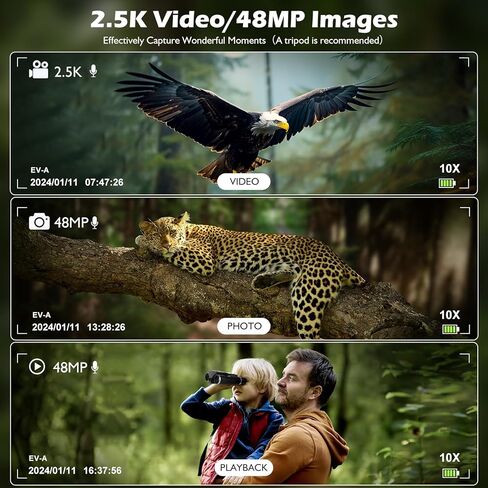 مناظير مع كاميرا، كاميرا مناظير رقمية LCD مقاس 2.4 بوصة للبالغين بدقة 48 ميجابكسل ومقاطع فيديو 2.5K مقاس 12 × 32 مثالية لمشاهدة الطيور والحفلات الموسيقية والمغامرات الخارجية 32 جيجابايت in Kuwait
