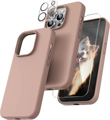 TOCOL [جراب 5 في 1 لهاتف iPhone 13 Pro Max، مع عبوتين واقي شاشة + عبوتين واقي عدسة الكاميرا، جراب هاتف نحيف من السيليكون السائل 6.7 بوصة، [مضاد للخدش] [حماية من السقوط]، بني فاتح in Saudi Arabia