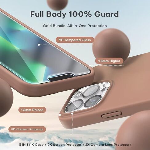 TOCOL [جراب 5 في 1 لهاتف iPhone 13 Pro Max، مع عبوتين واقي شاشة + عبوتين واقي عدسة الكاميرا، جراب هاتف نحيف من السيليكون السائل 6.7 بوصة، [مضاد للخدش] [حماية من السقوط]، بني فاتح in Saudi Arabia