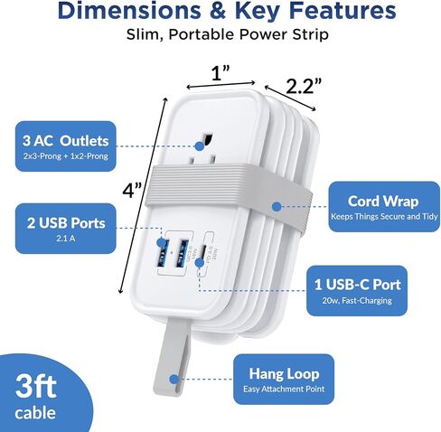 Travel Charger for Multiple Devices Flat Plug Power Strip 3ft Travel Adapter Extension Cord,3AC Outlets + 2 USB + 1 Fast Charging USB-C,No Surge Cruise Approved Power Strip,Portable Travel Power Strip in Saudi Arabia