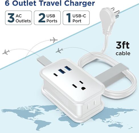 Travel Charger for Multiple Devices Flat Plug Power Strip 3ft Travel Adapter Extension Cord,3AC Outlets + 2 USB + 1 Fast Charging USB-C,No Surge Cruise Approved Power Strip,Portable Travel Power Strip in Saudi Arabia